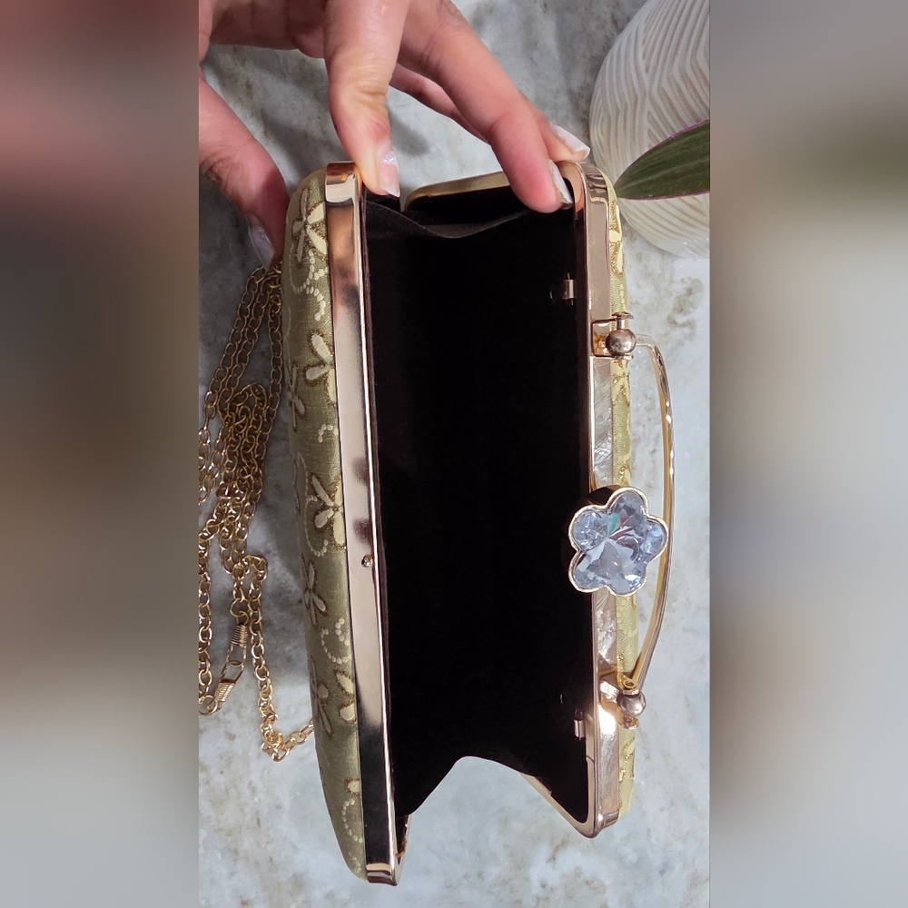Gold Floral Box Clutch w/ Top Handle + Detachable Chain Strap - Picture 8 of 10